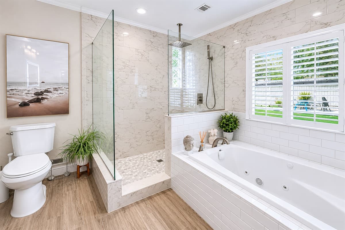 Spa-inspired bathroom featuring a soaking tub, spacious walk-in shower, and elegant modern finishes.