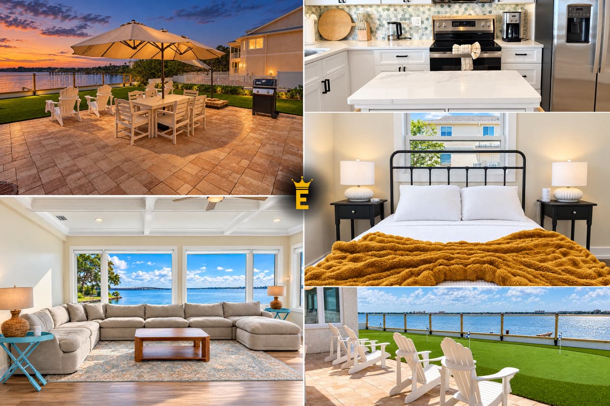 Welcome to Emperor Rentals! Bayview at day and dusk: waterfront patio, living room, kitchen and queen bedroom.