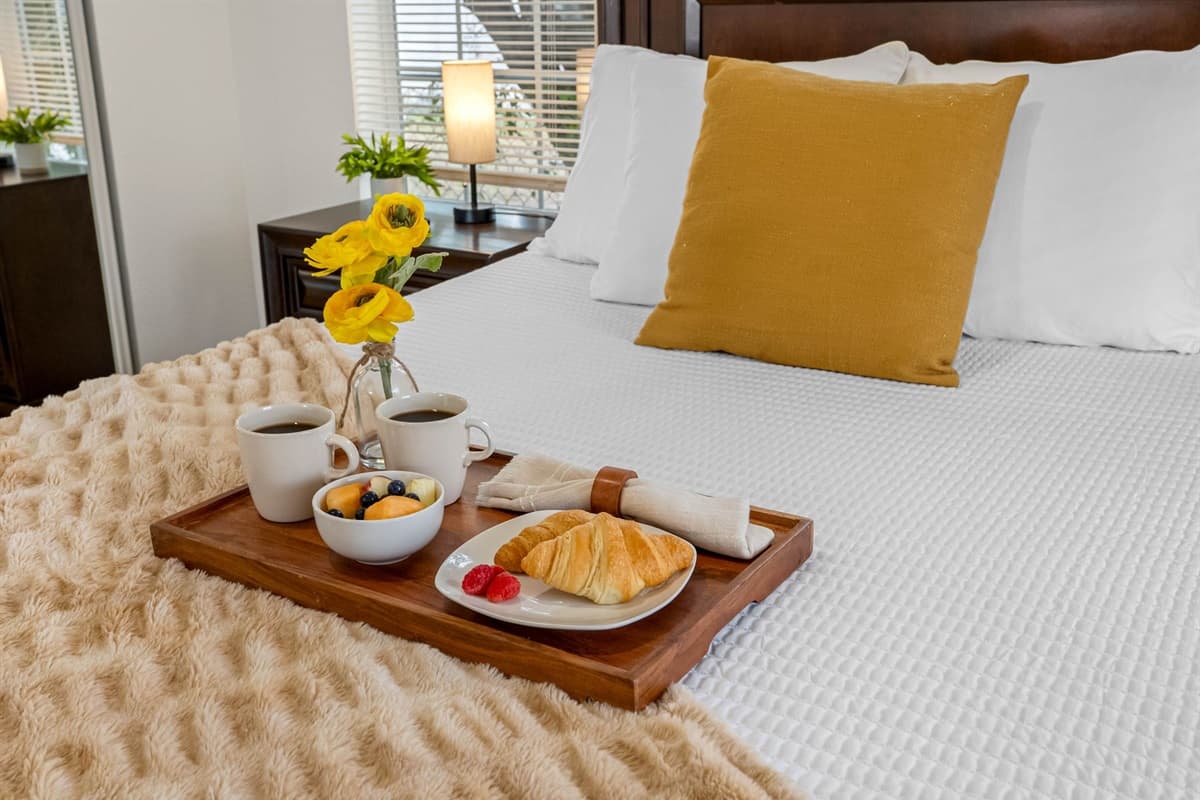 The bedroom offers a cozy and peaceful setting with comfortable furnishings and a clean, modern design.