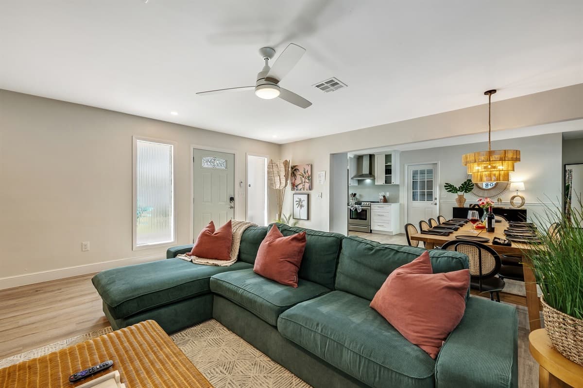 Soft, ambient lighting complements the natural daylight during the day and transforms the living area into a cozy retreat at night.