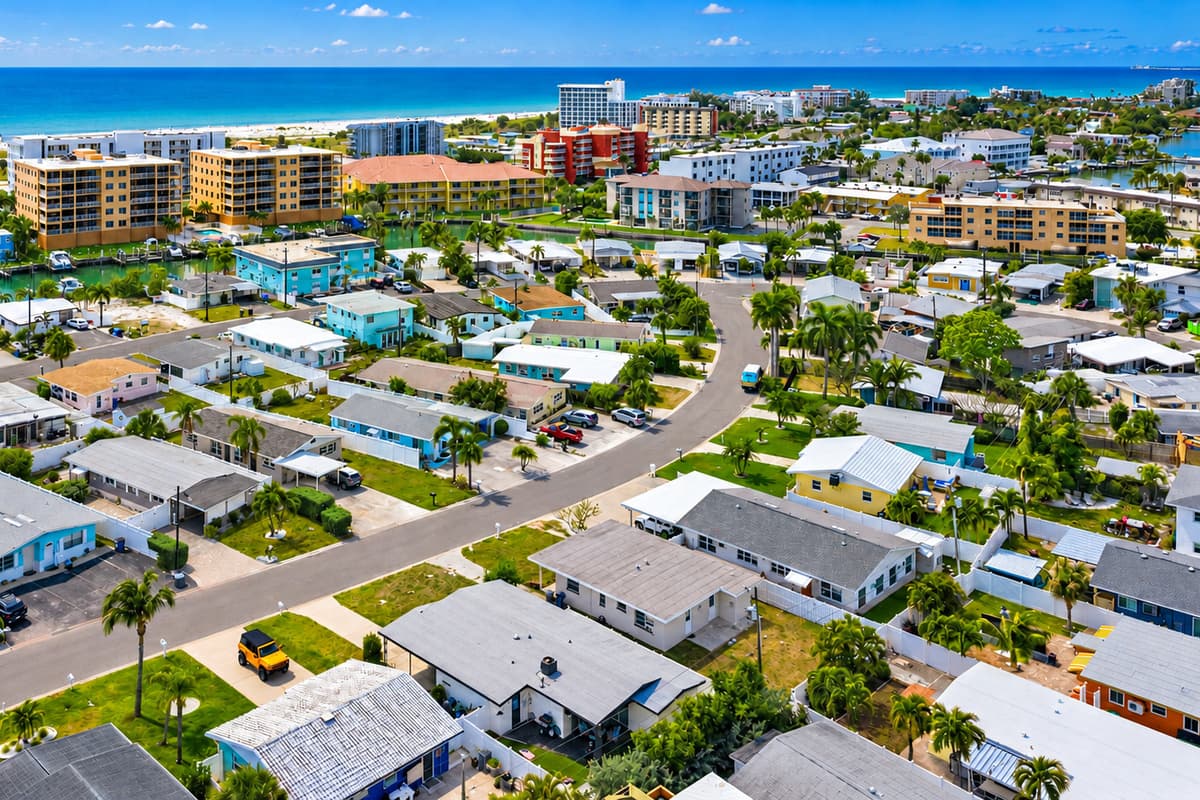 Aerial neighborhood view showcasing the nearby waterways, tropical surroundings, and coastal charm.