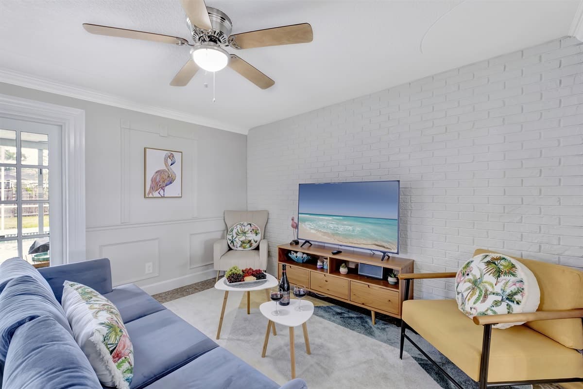 Our entertainment zone is furnished with a Smart TV and a cozy couch for your leisure and enjoyment.