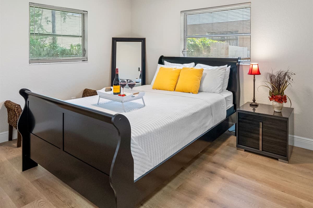 This bedroom offers the comfort and privacy you need to feel right at home.