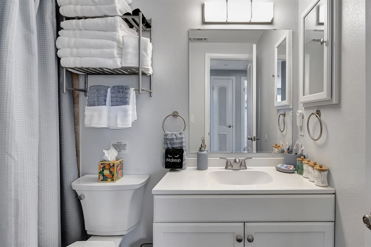 Our stylish bathroom, complete with a spacious walk-in shower, a sleek toilet, and an elegant vanity.