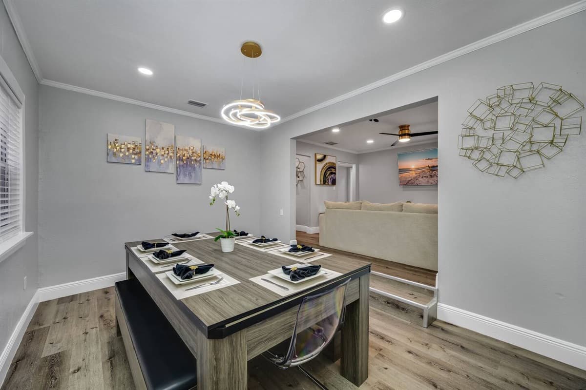 This stunning dinning table seats 8 people. Enjoy  home cooked food straight from the stove or oven while reminiscing happy memories with family and friends. Send us a message now!