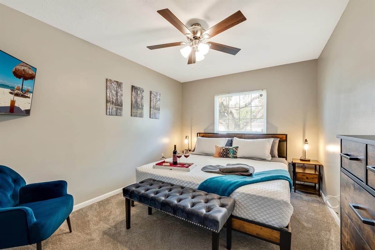 Decorated with whimsical touches and cozy bedding.
