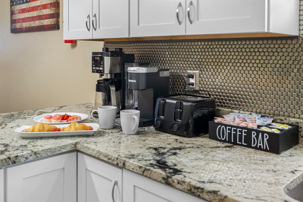 Start your mornings right at the dedicated coffee station, complete with coffee maker and toaster.