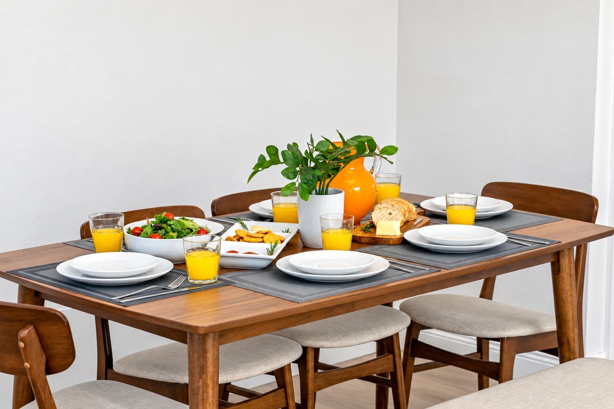 The spacious dining table comfortably seats six—perfect for group dinners, family feasts, or game night.