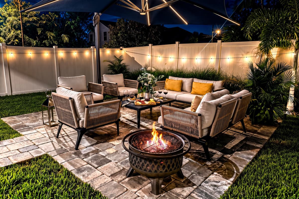 At the heart of the outdoor seating area lies plush seating. NOTE: The umbrella is equipped with built-in lights that offer three adjustable brightness levels, allowing you to create the perfect ambiance for any setting.