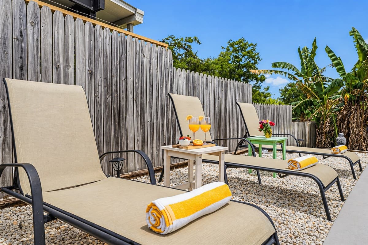 Comfortable sun loungers perfect for relaxing, reading, or enjoying the warm weather.