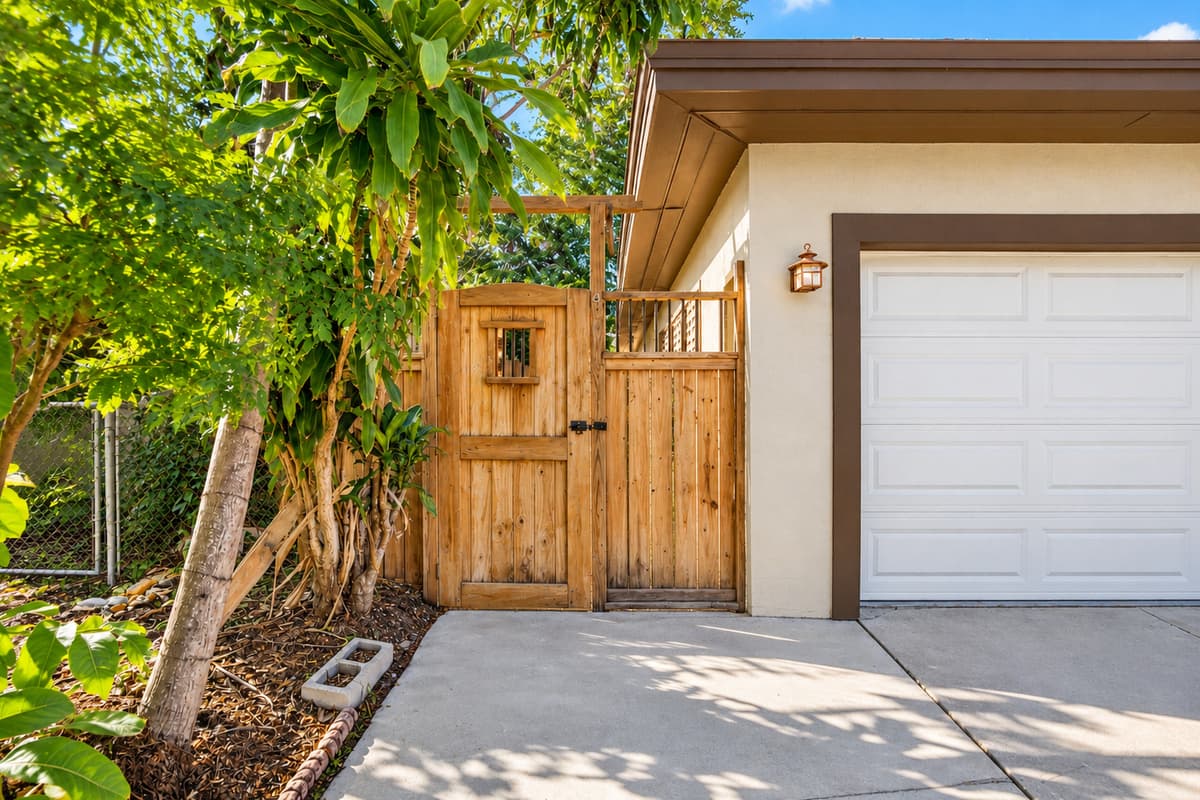 Private side entrance and garage area surrounded by lush tropical greenery.