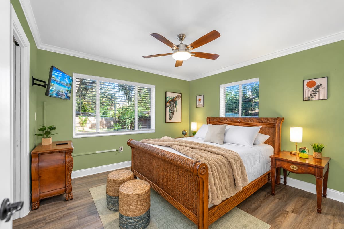 This thoughtfully styled bedroom offers a queen-size bed and a calm space for rest and recharge.