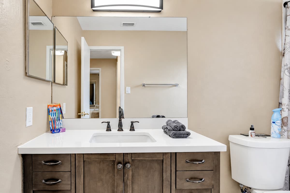 The beautiful vanity invites you to prepare for the day in style.