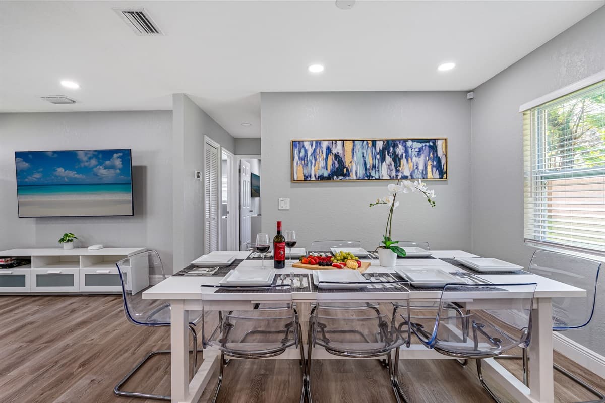 This marvelous dining table can seat 8 people comfortably. Share great memories while eating freshly made meals in our modern kitchen!
