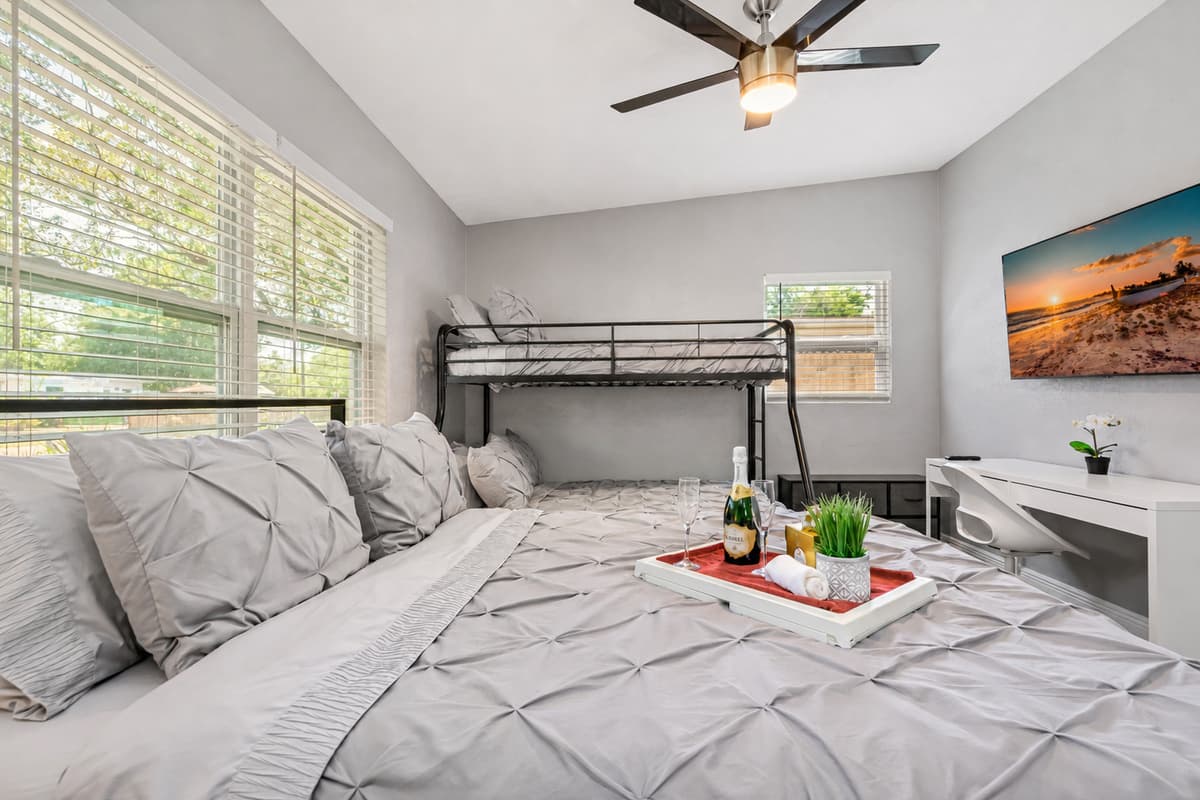 Our cozy and comfortable room, complete with a queen size bed and a bunk bed!
