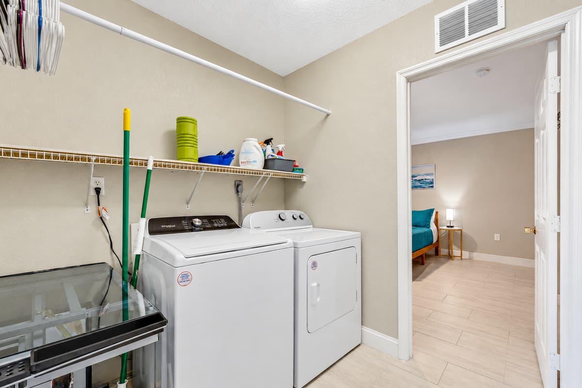 Our fully equipped laundry area, complete with a washer and dryer, comes with all the essential amenities needed for your laundry needs.