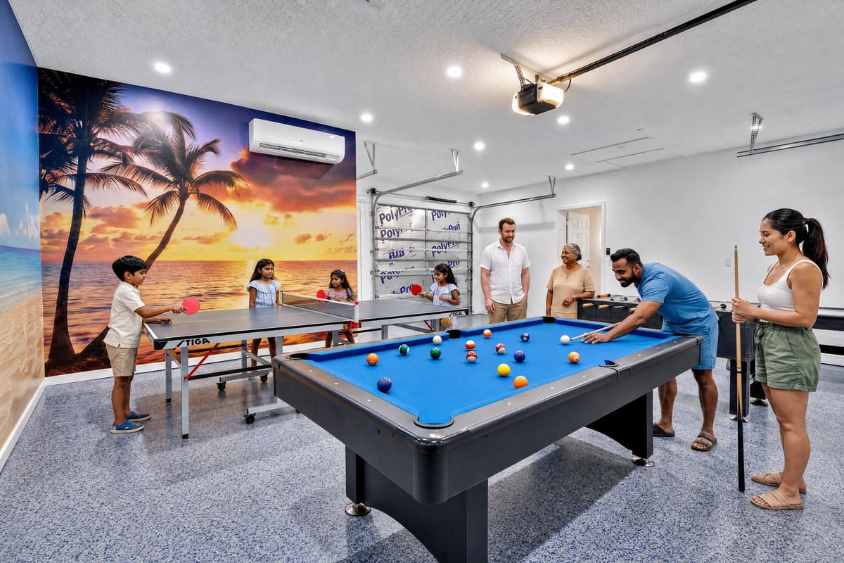 Rain outside? That's when the tournament starts. 🎱 The air-conditioned game room holds a pool table, ping-pong, foosball, air hockey and an arcade cabinet. Ten people, one room, nobody checking their phone until someone wins.