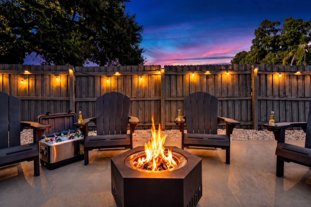 Sunset, fire, and the sound of cicadas, this is the part of the day nobody wants to rush. Adirondack chairs, a cooler within reach, and string lights that come on just as the sky turns. Some evenings you never make it back inside.