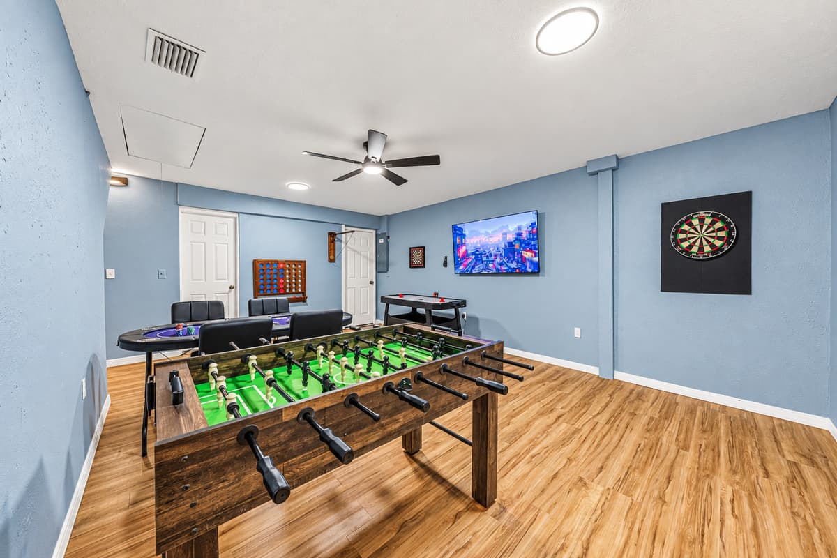 Dedicated game room with foosball and entertainment space—fun for guests of all ages.