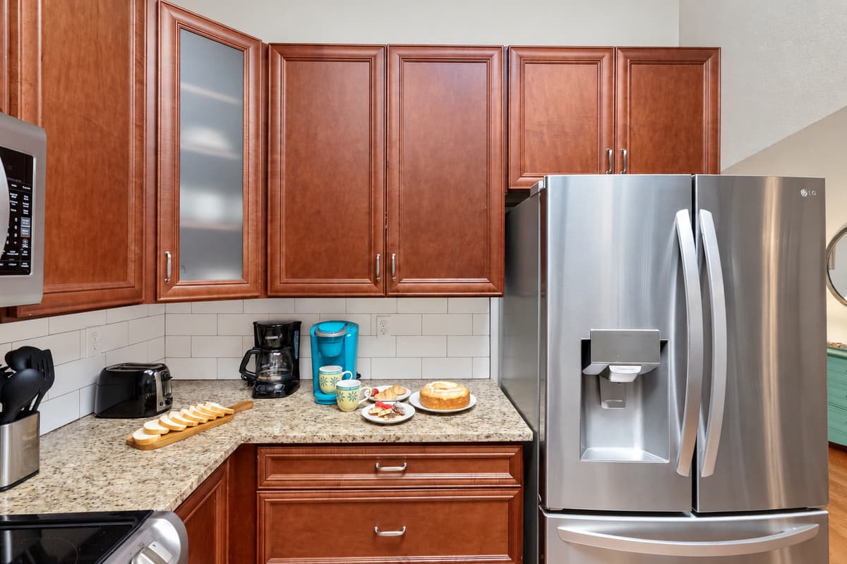 The kitchen is fully equipped with everything you need to prepare and enjoy home-cooked meals during your stay.