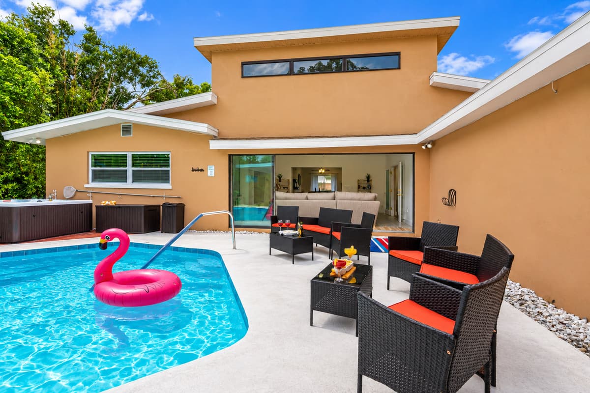 Make a splash with the whole family in the oversized pool, then dry off with snacks under the shady umbrella.