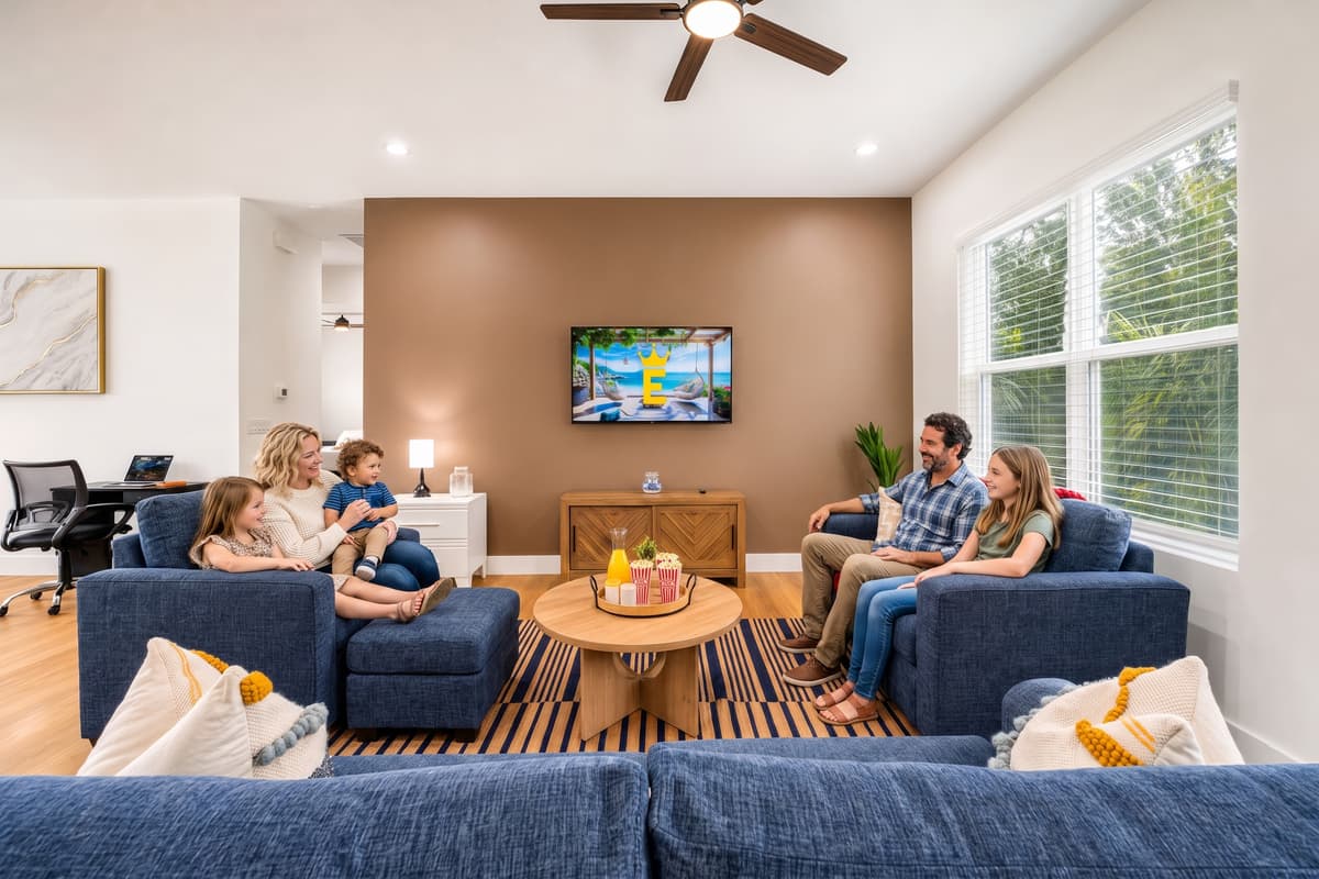 Beach day ends here: big screen, deep couch, room for everyone!