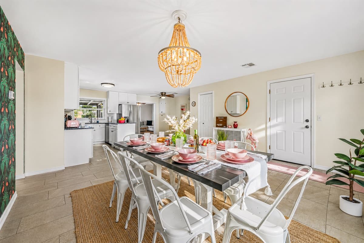 Long dining table ideal for group meals, celebrations, and family-style dining.