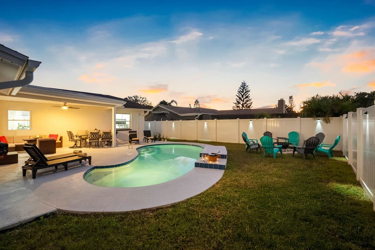 As the sun dips below the horizon, this inviting pool area transforms into a peaceful oasis — ideal for evening swims, cocktails, and quiet moments under the stars.