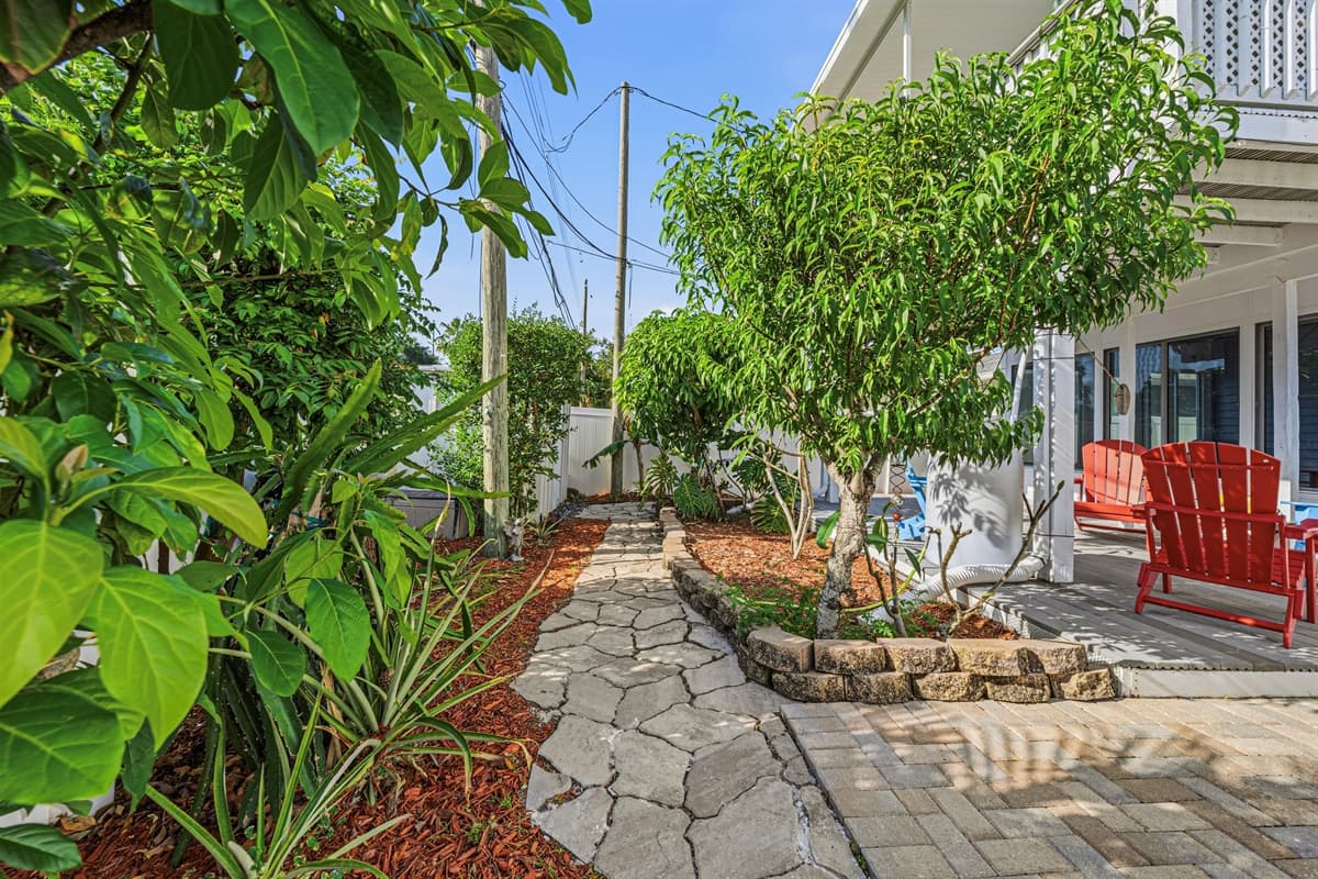 Stone walkway surrounded by tropical plants—perfect for a peaceful stroll through the property 
