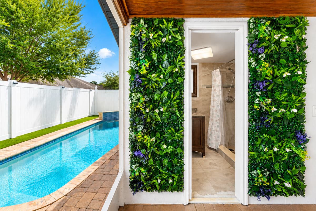 Convenient outdoor bathroom located just steps from the pool and patio area, offering easy access for guests enjoying the backyard amenities.