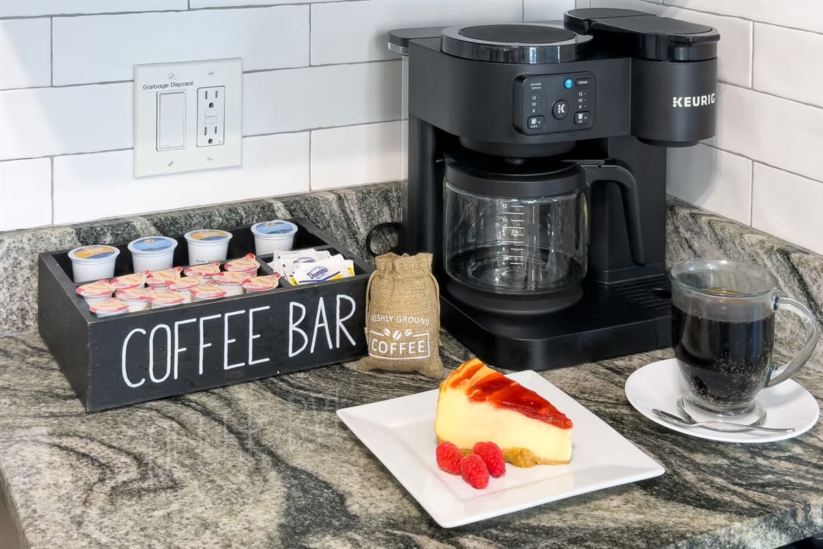 Start your mornings at the cozy coffee station, complete with everything you need for the perfect brew.