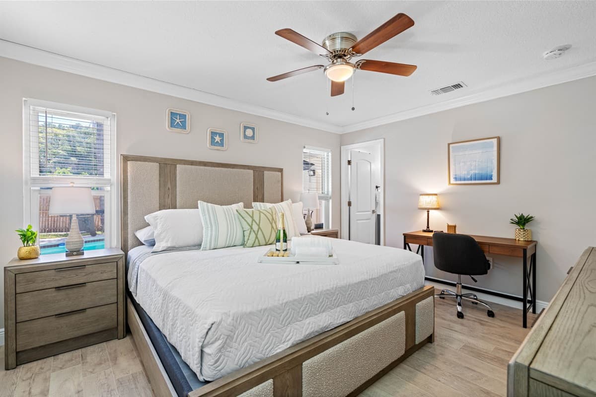 Indulge in a luxurious stay. This bedroom is designed to offer the ultimate blend of comfort and functionality.
