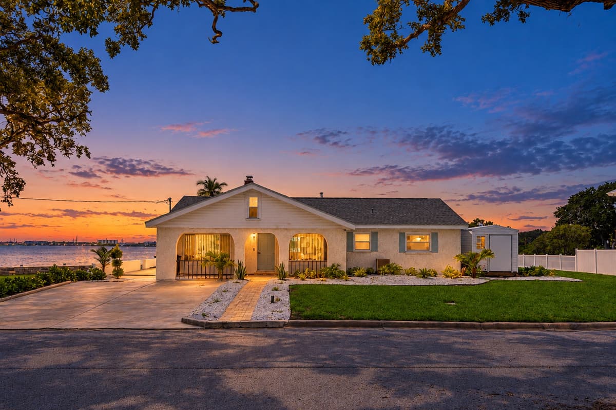 Bayview front exterior at dusk.