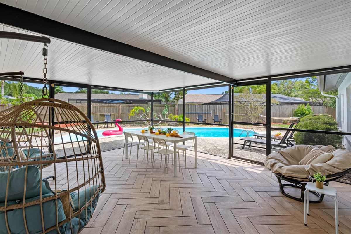 Float in the private pool, enjoy the breeze on a patio rocker, or sip drinks in the hanging chairs—this outdoor space is as versatile as it is photogenic.