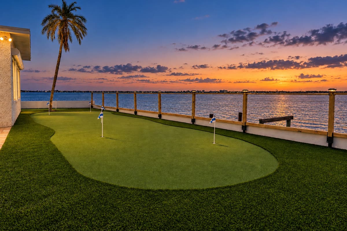 Private putting green beside the water at dusk.