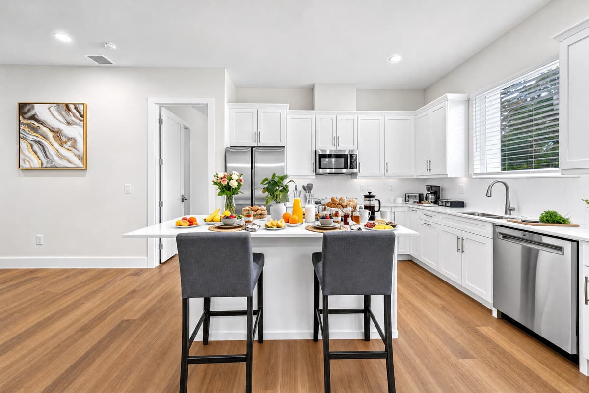 Fully stocked with pots, pans, utensils, and everything you need. Save money eating in — this kitchen makes it a joy, not a chore.