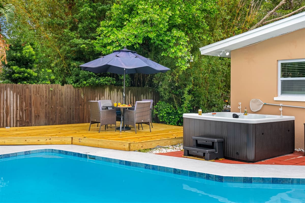 Your crew will love the pool, hot tub, and comfy lounge chairs—there’s room for everyone to play and relax.