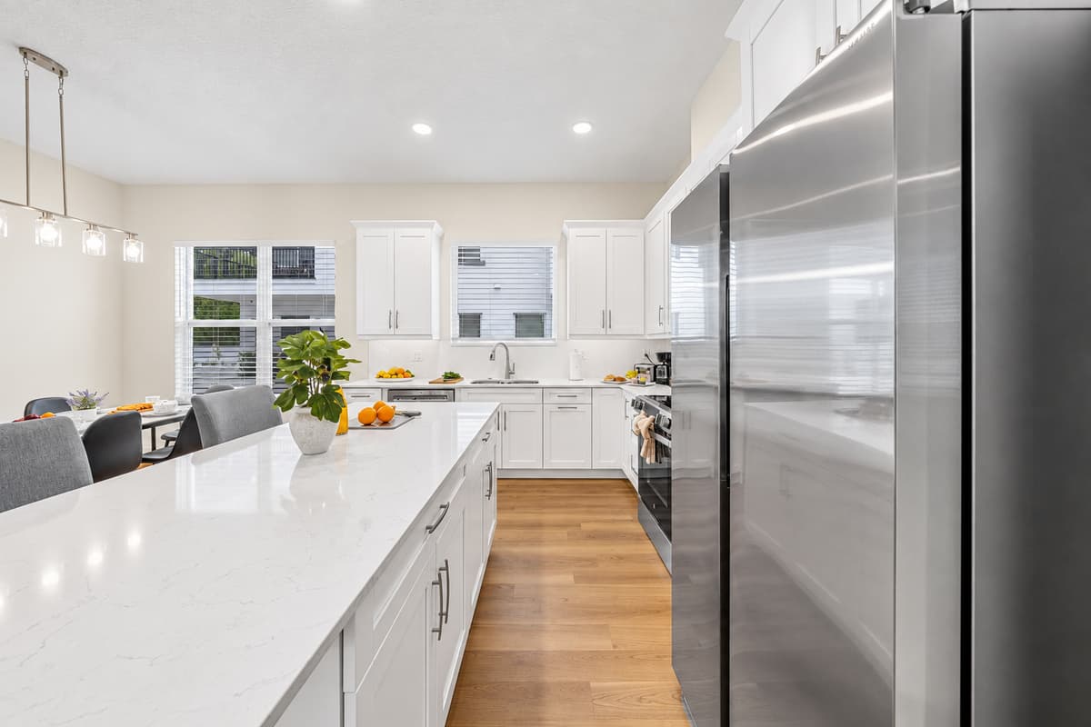 Spacious kitchen island with seating—great for casual dining and socializing.