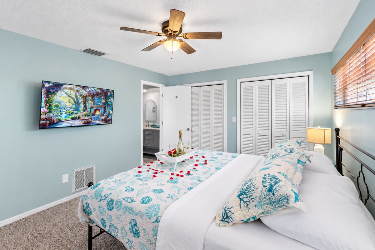 This bedroom is thoughtfully designed to offer a luxurious and restful retreat, perfect for unwinding after a long day of fun or travel.