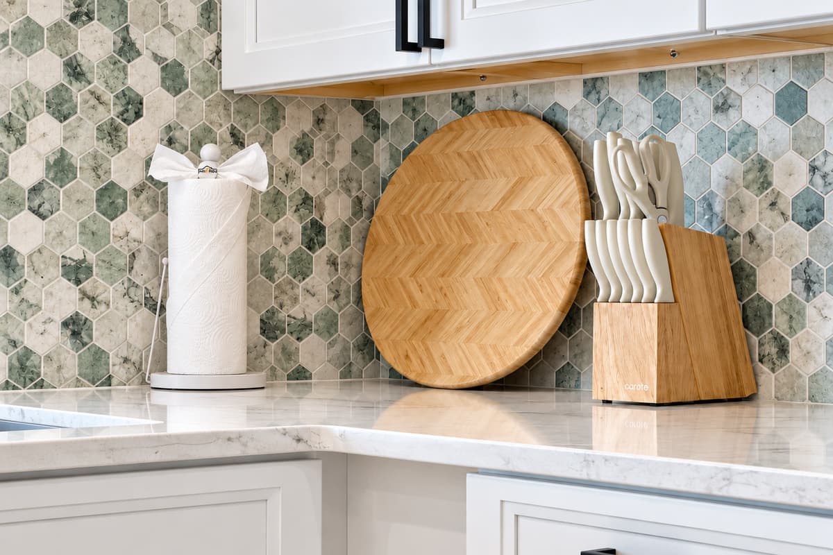 Kitchen backsplash and countertop detail.