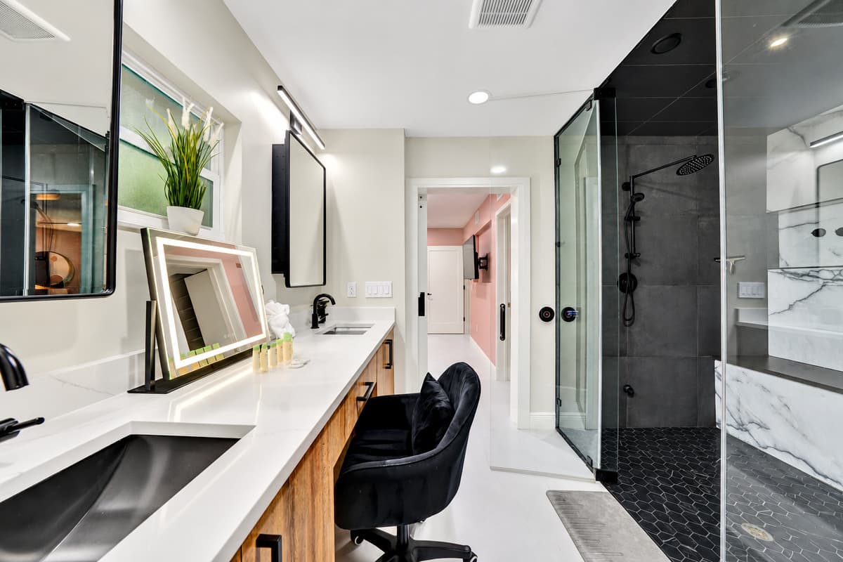 Two mirrors, two chairs — getting ready together stops being a fight.