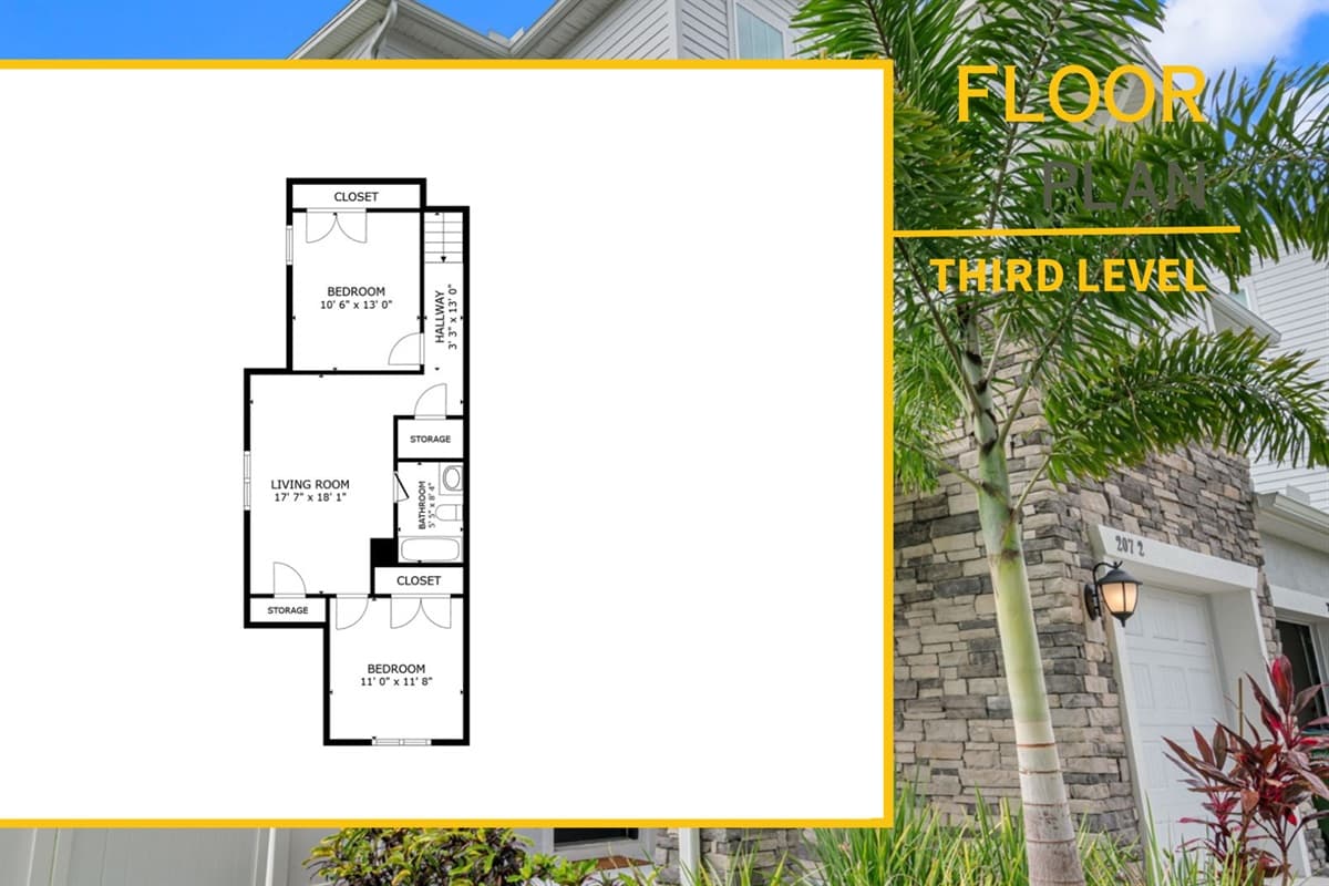 Floor #3: Features a cozy living room, two additional bedrooms, and a shared bathroom, offering a perfect space for relaxation and privacy.