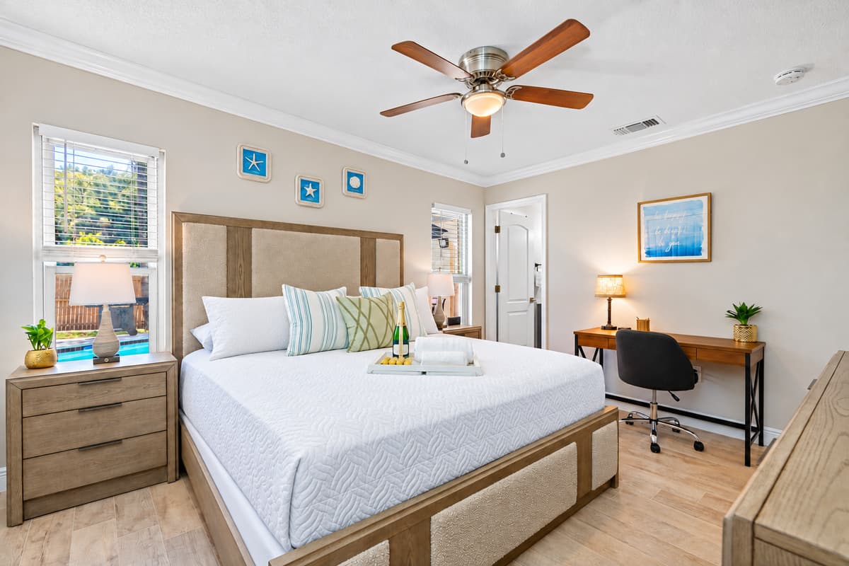 Indulge in a luxurious stay. This bedroom is designed to offer the ultimate blend of comfort and functionality.