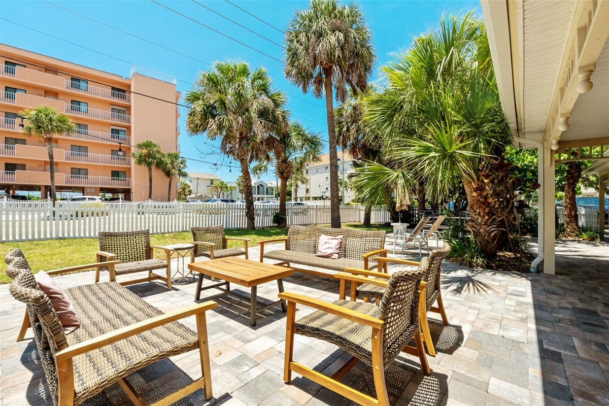 As you enter the outdoor common area, you'll be welcomed by a variety of comfortable seating options.