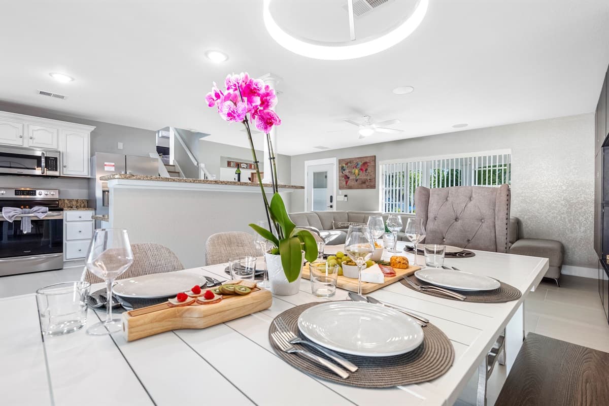Our beautiful dining area is designed with comfort and togetherness in mind. It features a spacious table that comfortably accommodates up to 8 guests
