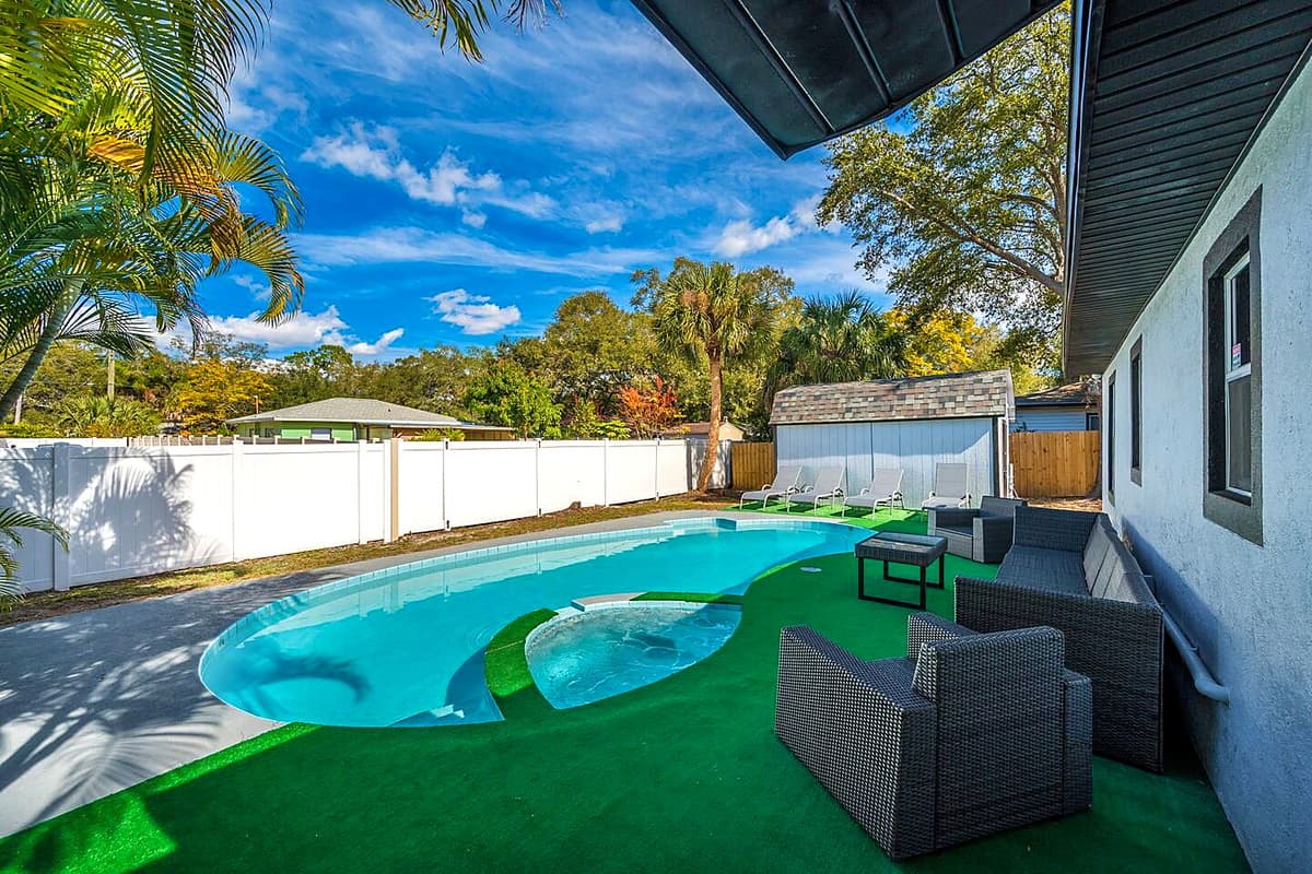 Incredible fully fenced backyard with immaculate heated pool, beautiful trees.
IMPORTANT NOTE: The spa isn’t a traditional hot tub. It has jets, but it’s designed more for relaxing than for a full hot tub or sauna experience.