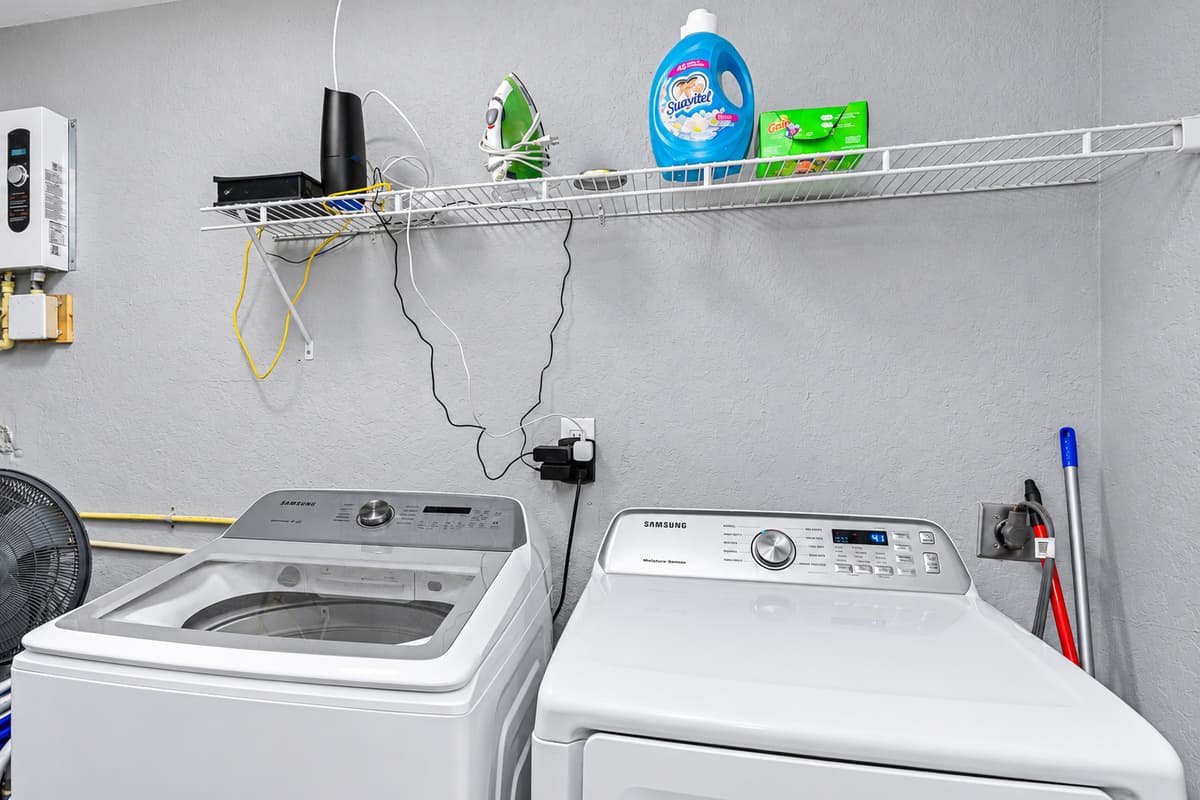 In-home laundry: pack light, stay longer. Full-size washer and dryer inside the home. Wash beach towels and swimsuits overnight instead of hauling them home sandy.