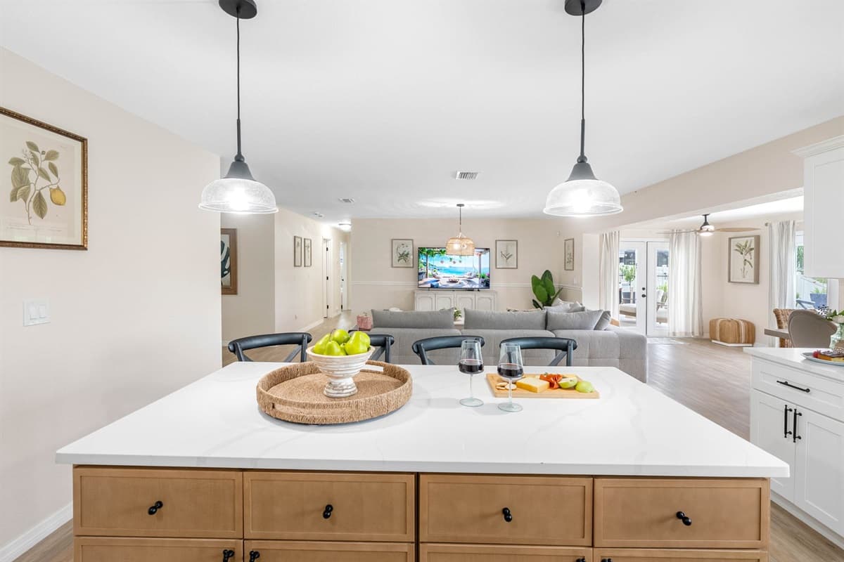 Everything you need for a group stay — from cookware to counter space — is right here in this well-designed kitchen.