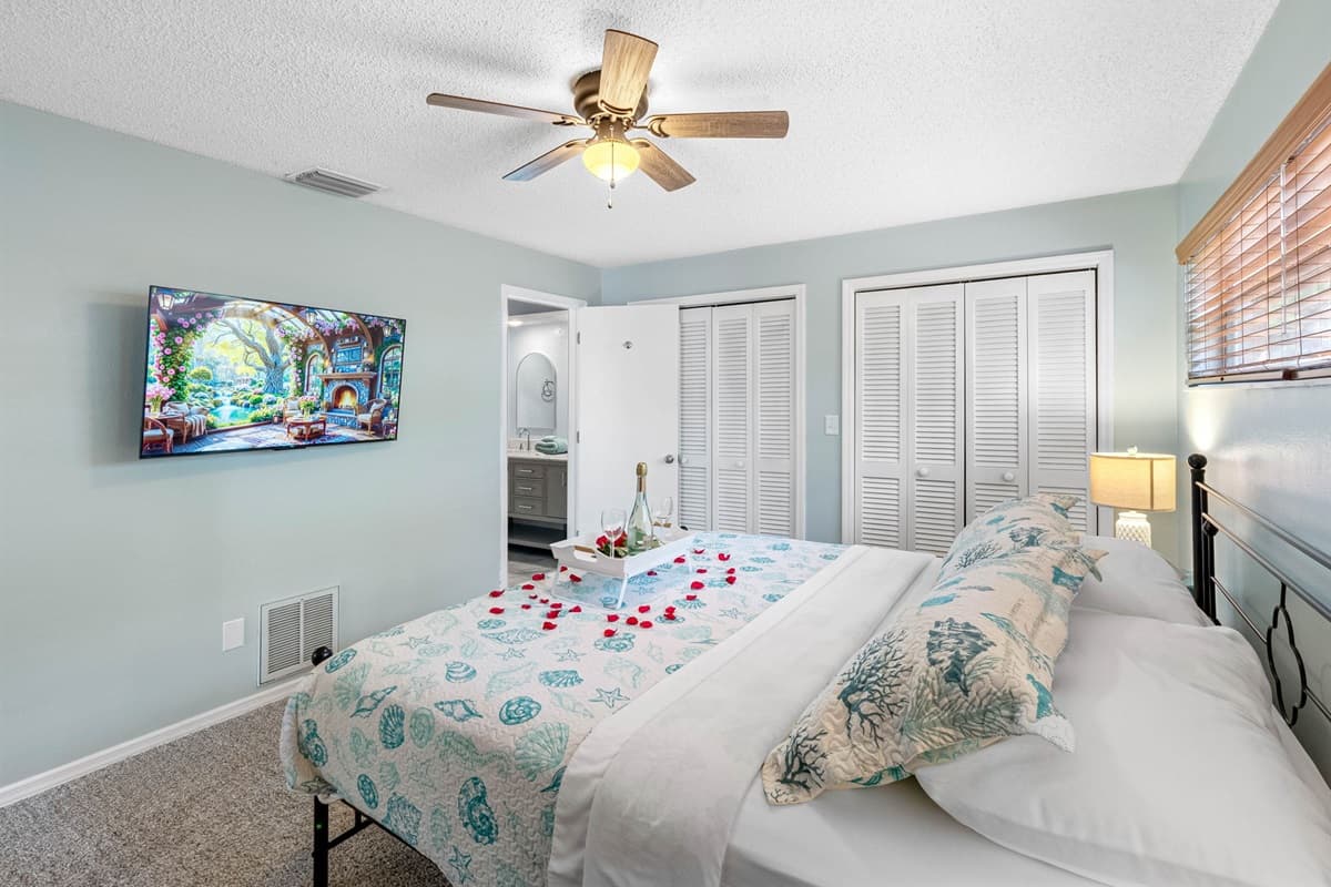 This bedroom is thoughtfully designed to offer a luxurious and restful retreat, perfect for unwinding after a long day of fun or travel.