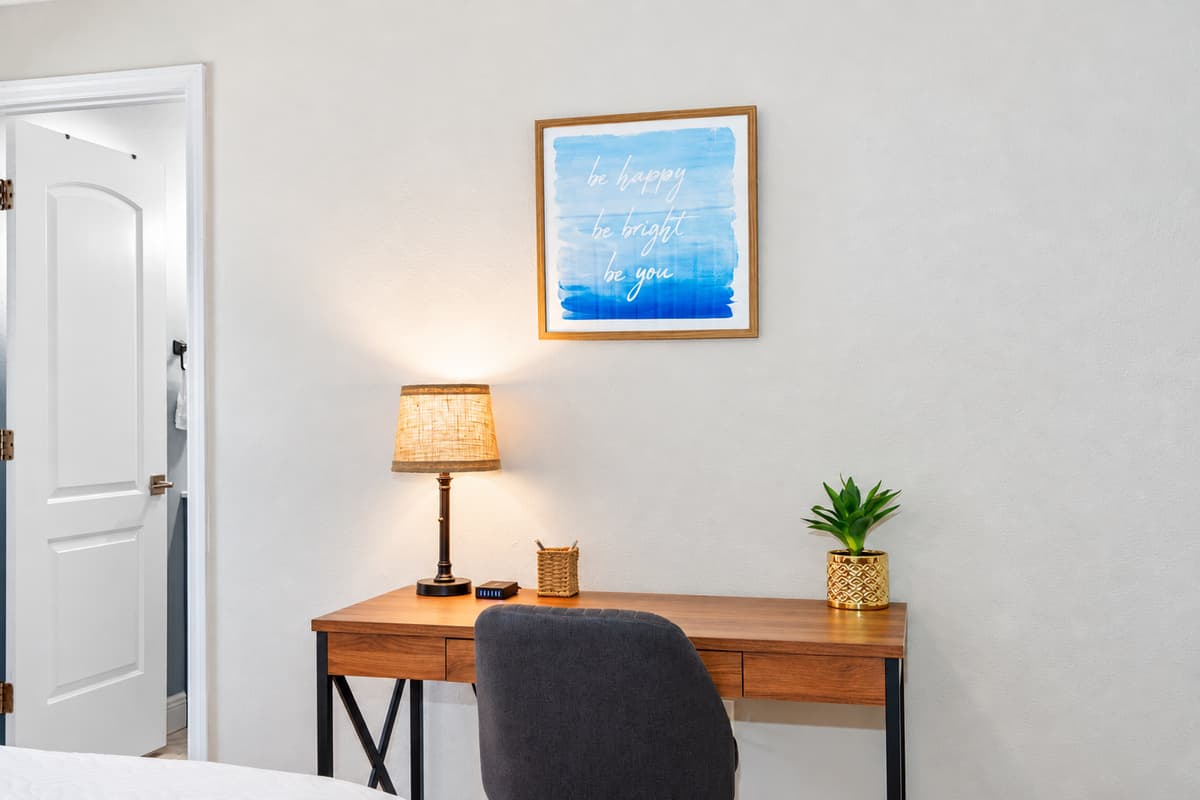 To cater to your work needs, a convenient work desk is included, offering a quiet and comfortable space to focus on tasks or catch up on emails.